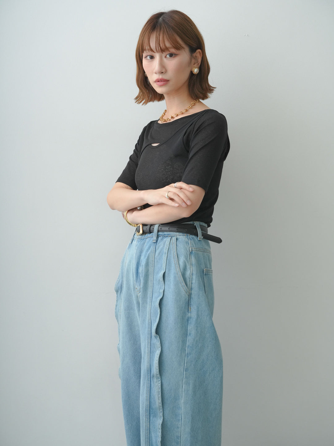 [SET]前後2wayシアーアシメレイヤード風TEE+フリルラインワイドデニム(2set)