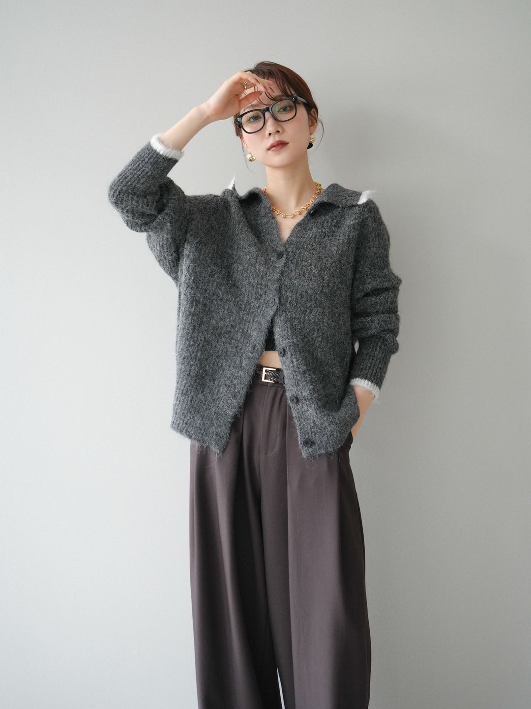[予約]襟付きバイカラーミックスニットカーディガン/gray