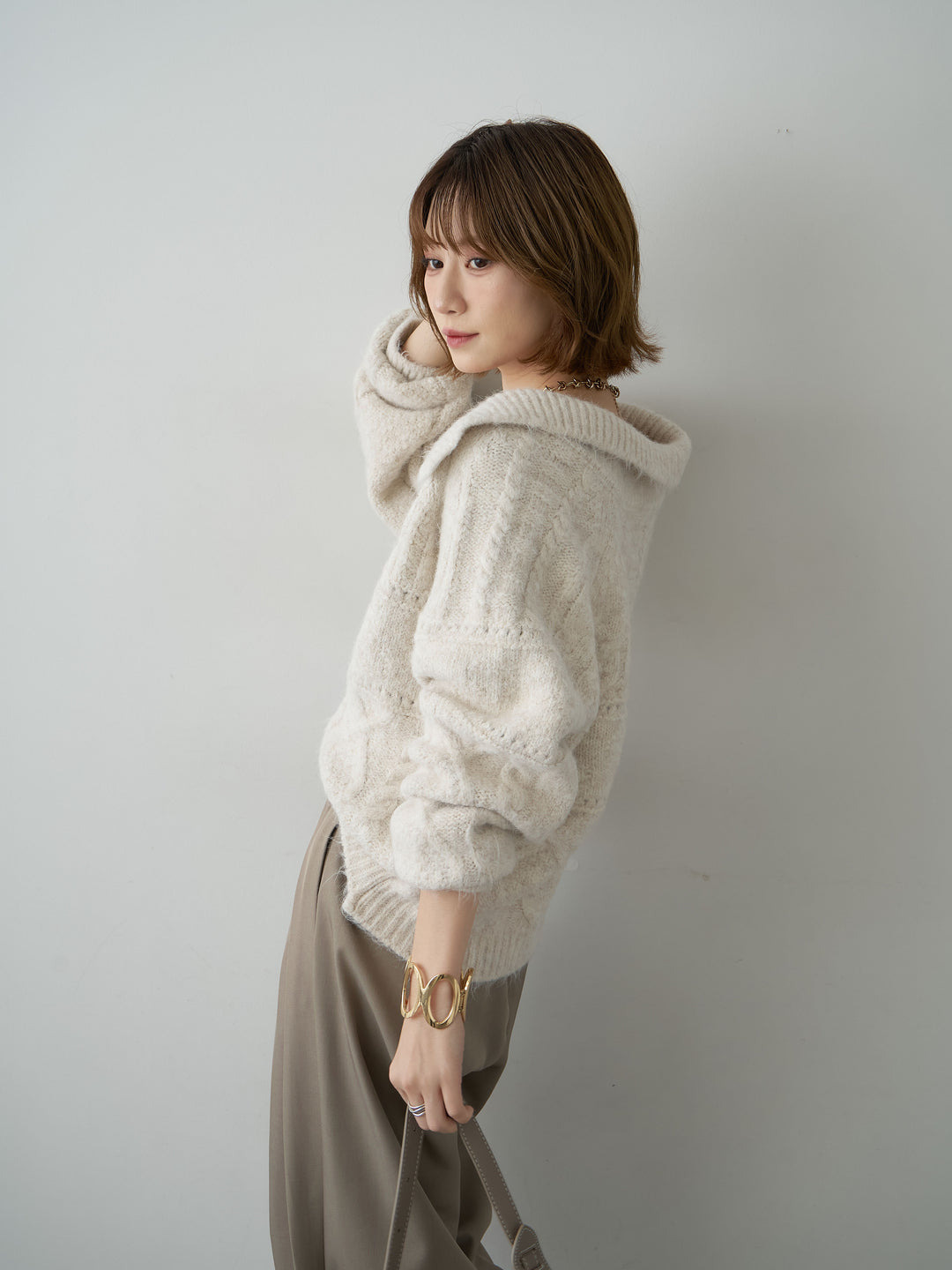 [予約]ビッグカラーケーブルシャギーカーディガン/beige