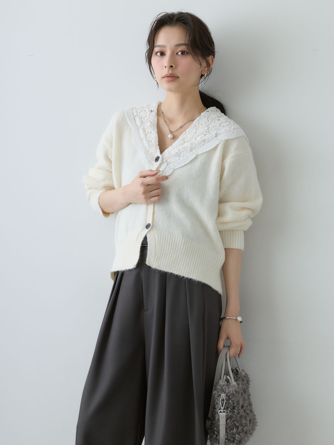 [SET]モヘアレースショールカラーカーディガン+ツイルタックワイドパンツ(2set)