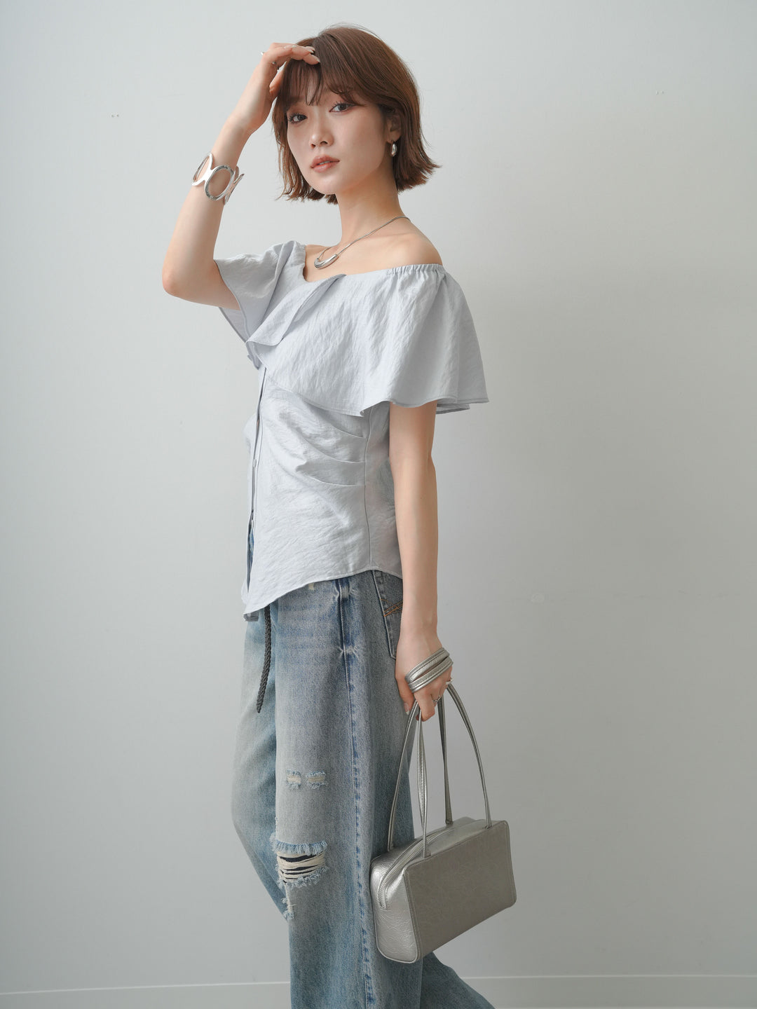 【套裝】荷葉邊露肩上衣 + 荷葉邊露肩上衣（兩件套）