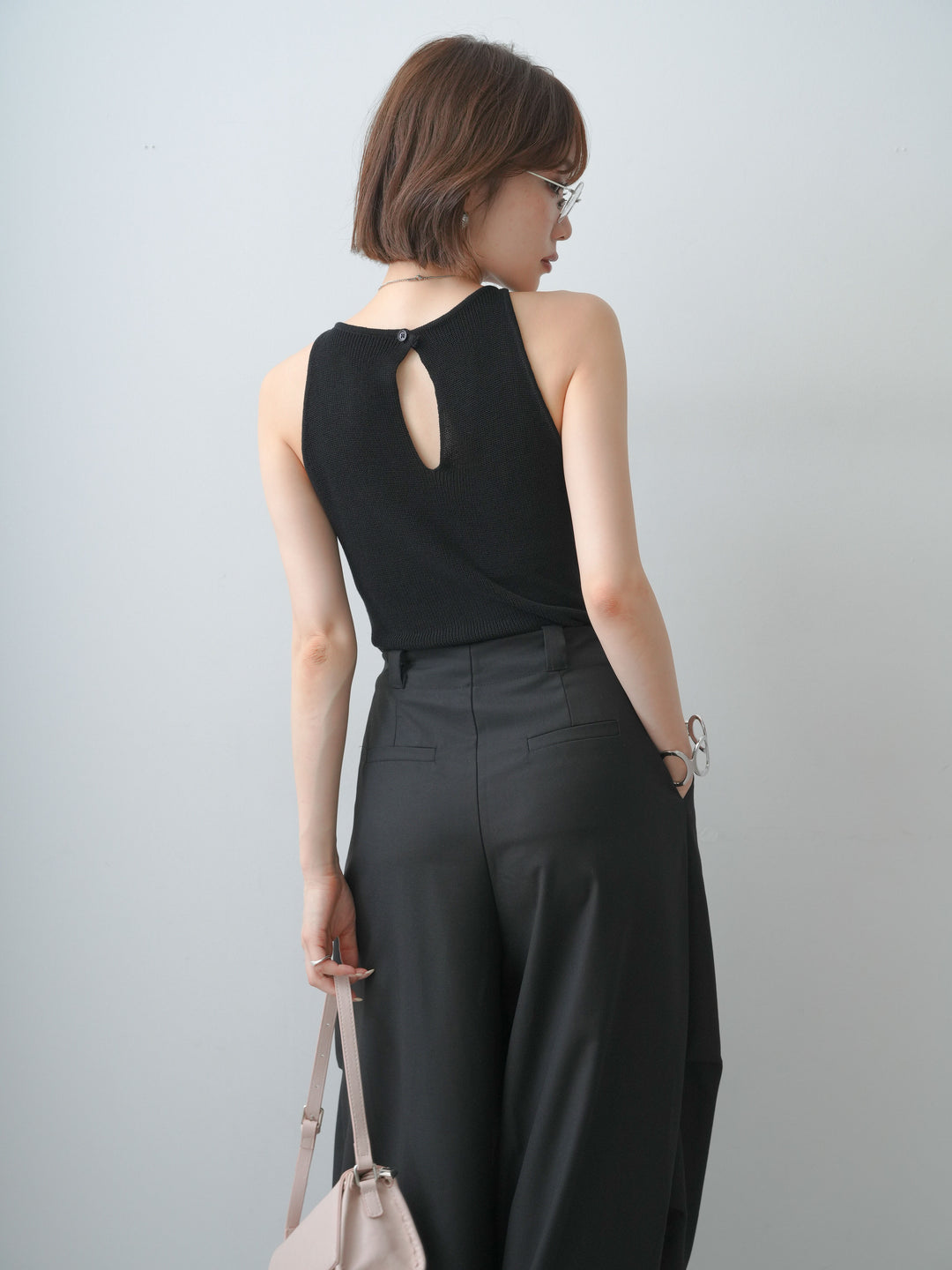 [SET]バックスリットニットタンクトップ+ベルトループカーブタックワイドパンツ(2set)