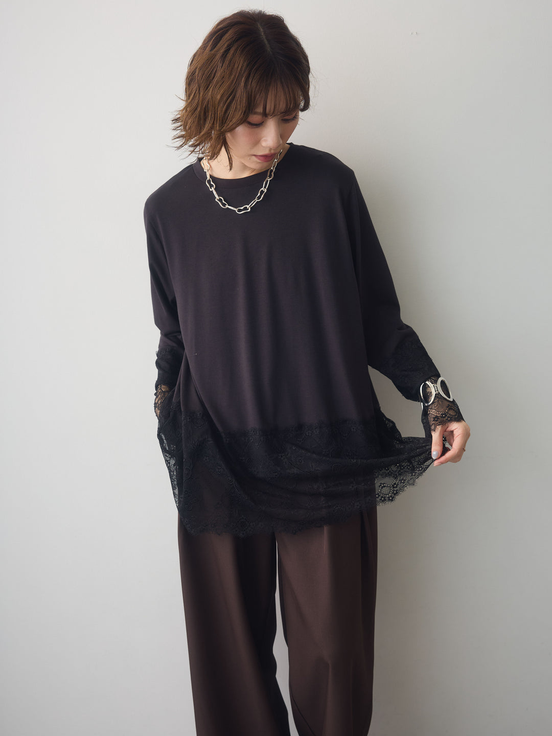 [SET]レーストリムロングTシャツ+選べるアクセセット(2set)