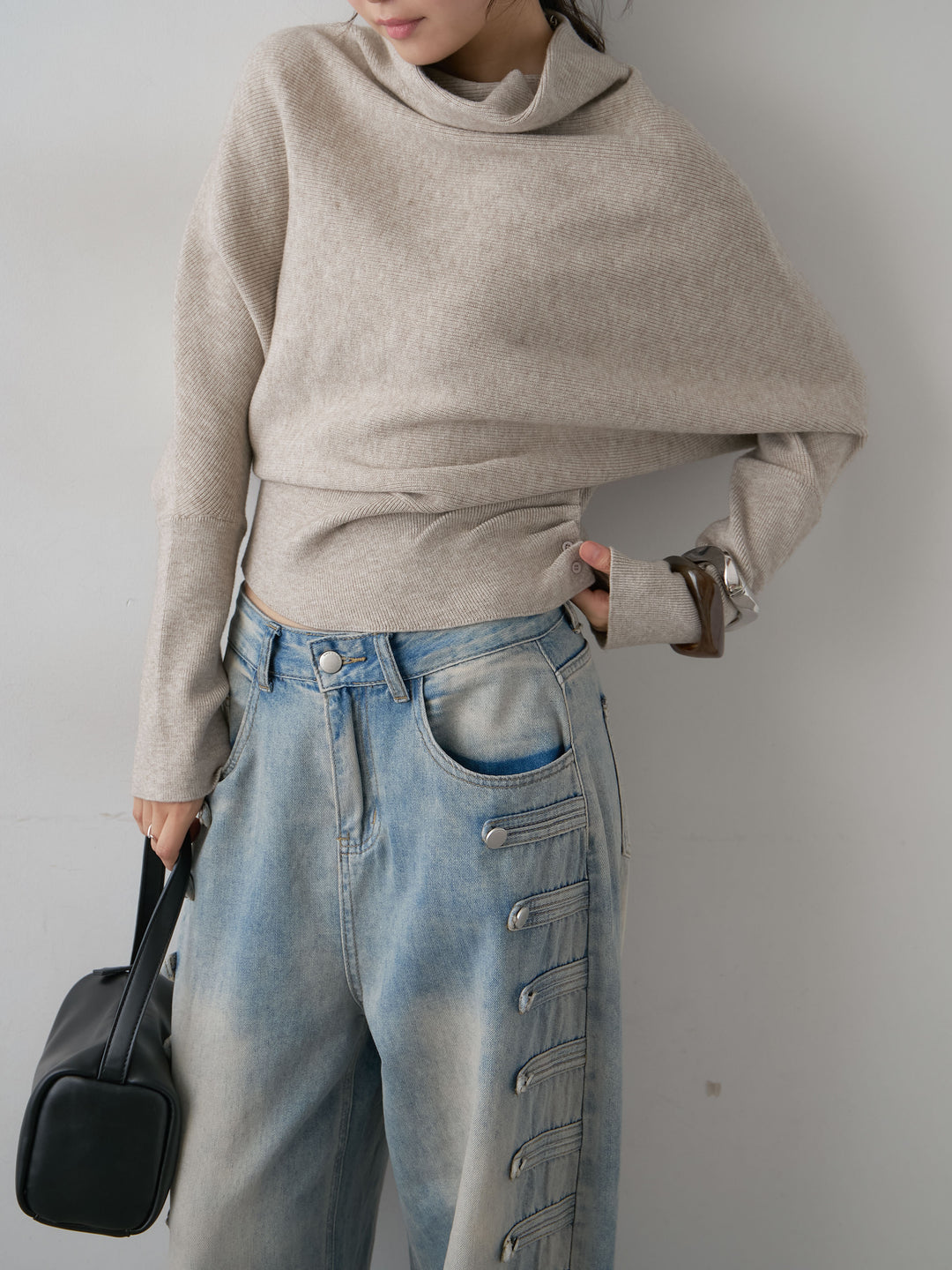[SET]ハイネックサイドボタンギャザーニットトップス+ハイネックサイドボタンギャザーニットトップス(2set)