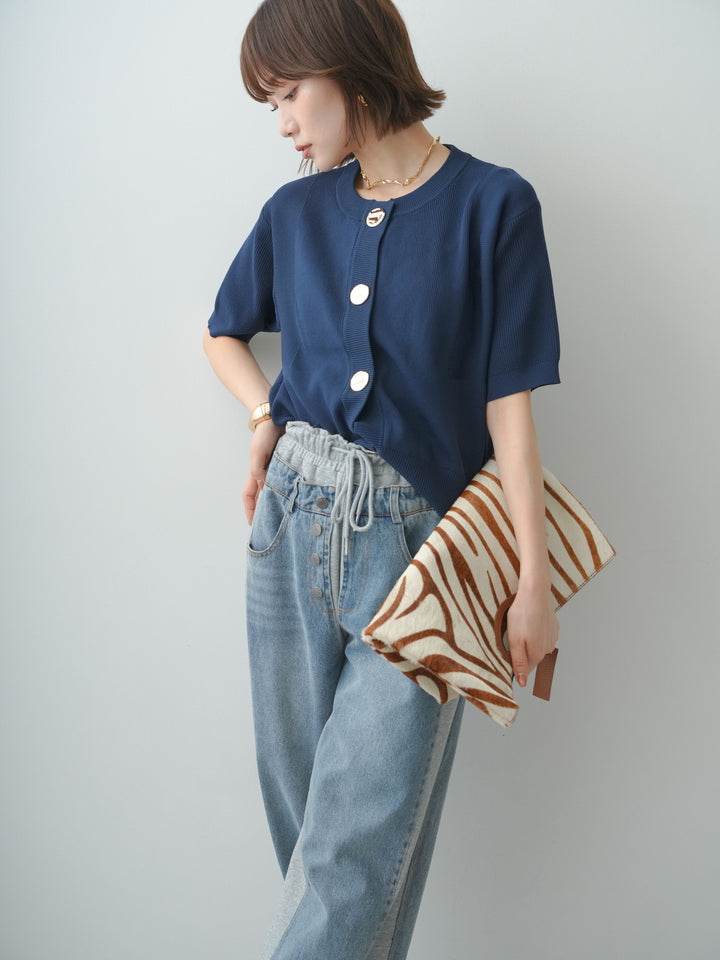 [予約]ゴールドボタンハーフニットカーディガン/navy