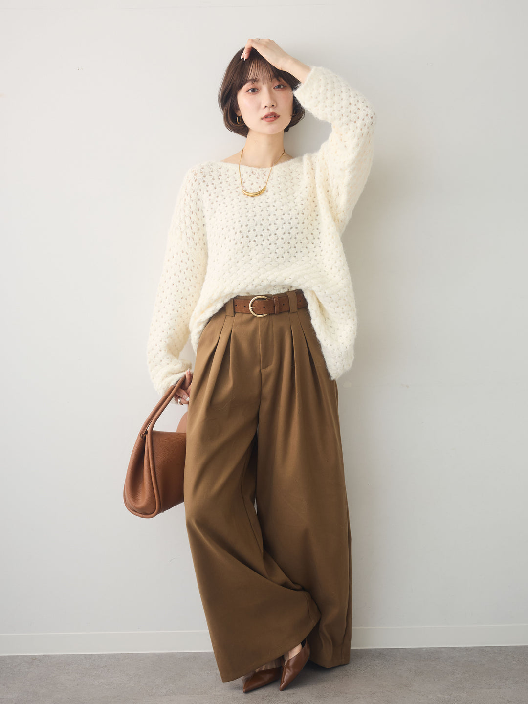 [SET]ニットベルト付ポップコーンプルオーバー+ダブルタックドレープストレートワイドパンツ(2set)