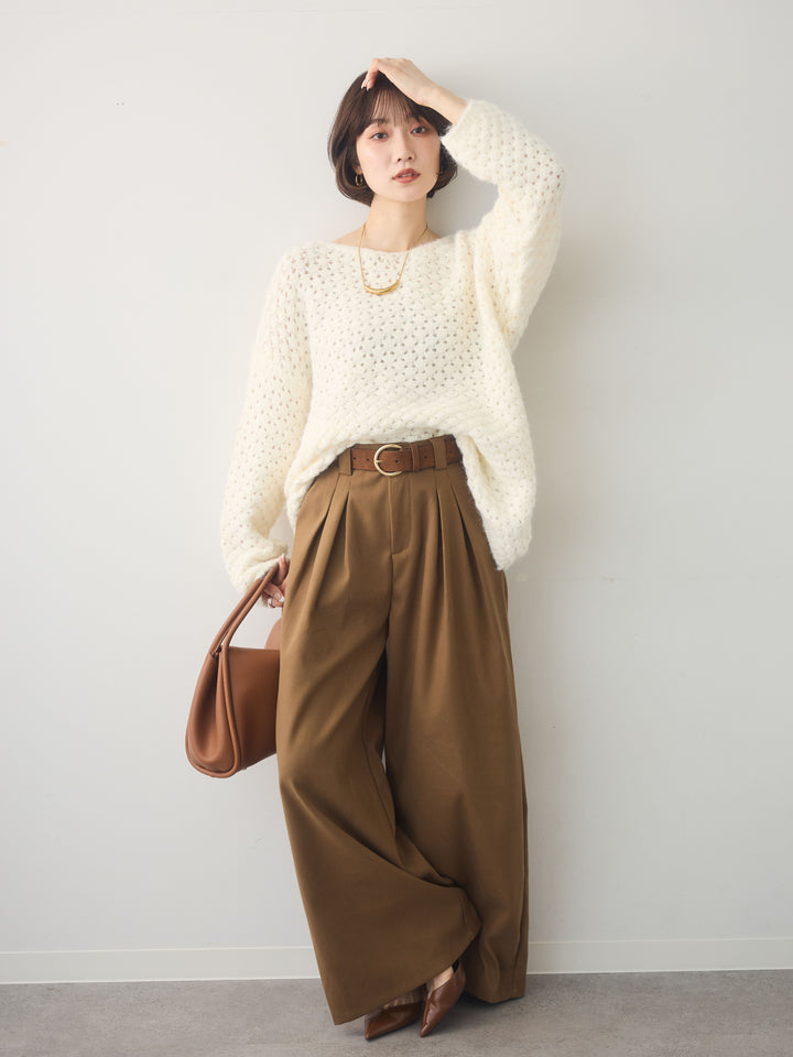 [SET]ニットベルト付ポップコーンプルオーバー+ダブルタックドレープストレートワイドパンツ(2set)