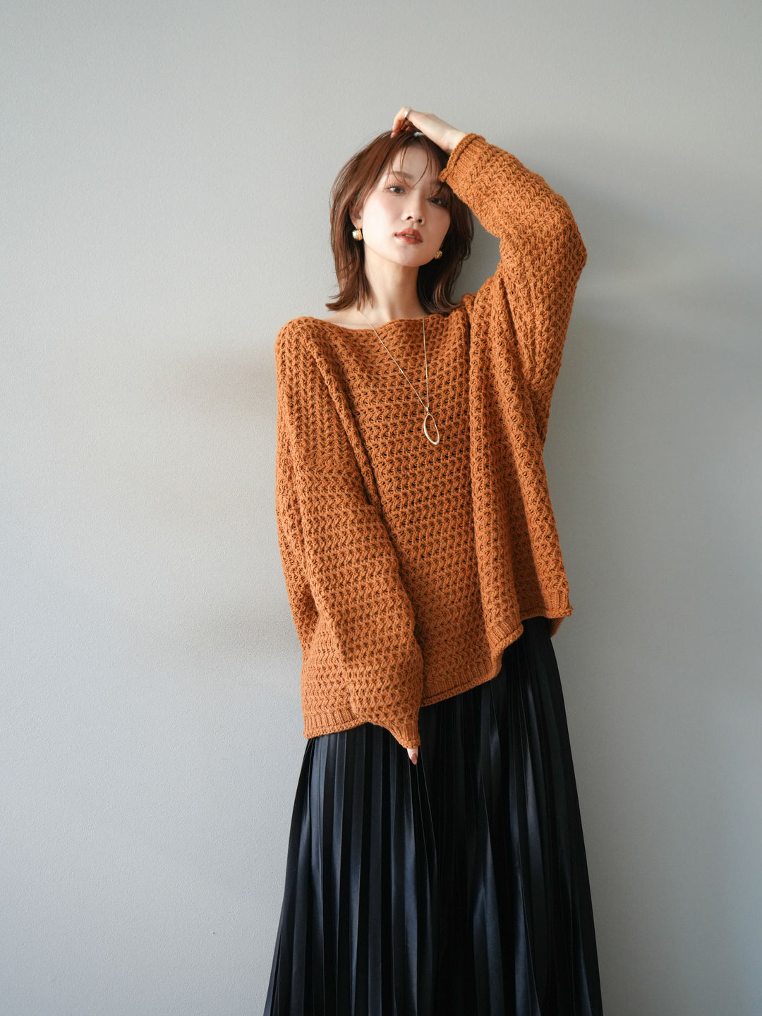 [予約]ネップ透かし編みオーバーニット/camel