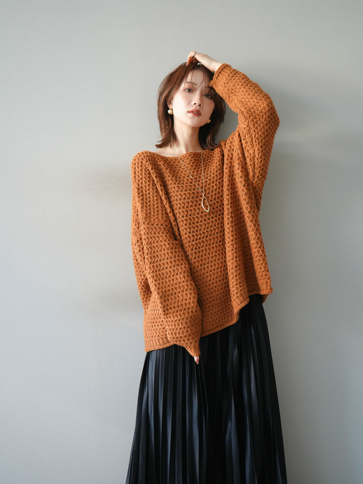 [予約]ネップ透かし編みオーバーニット/camel