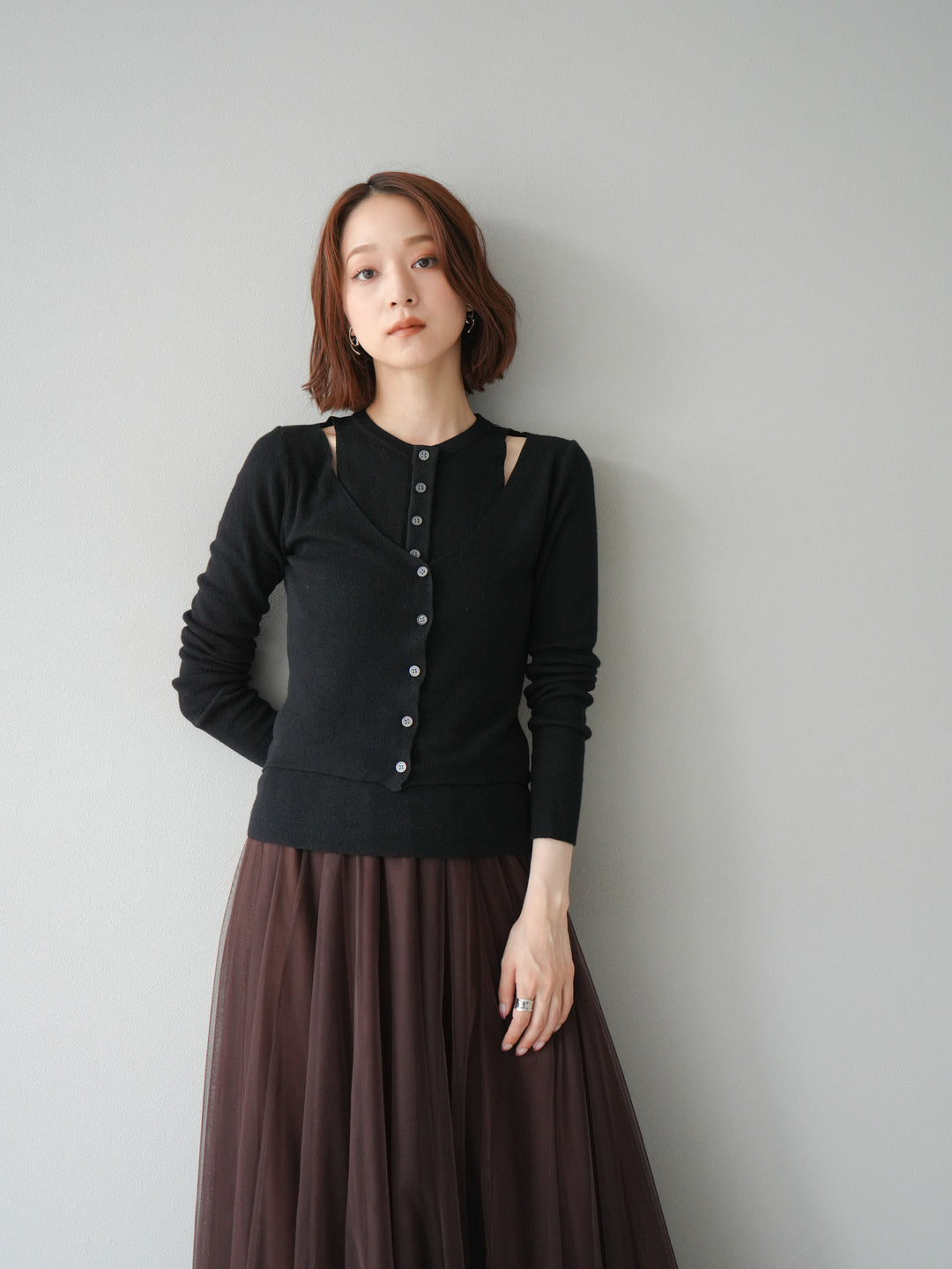 [予約]レイヤードデザインニットカーディガン/ブラック