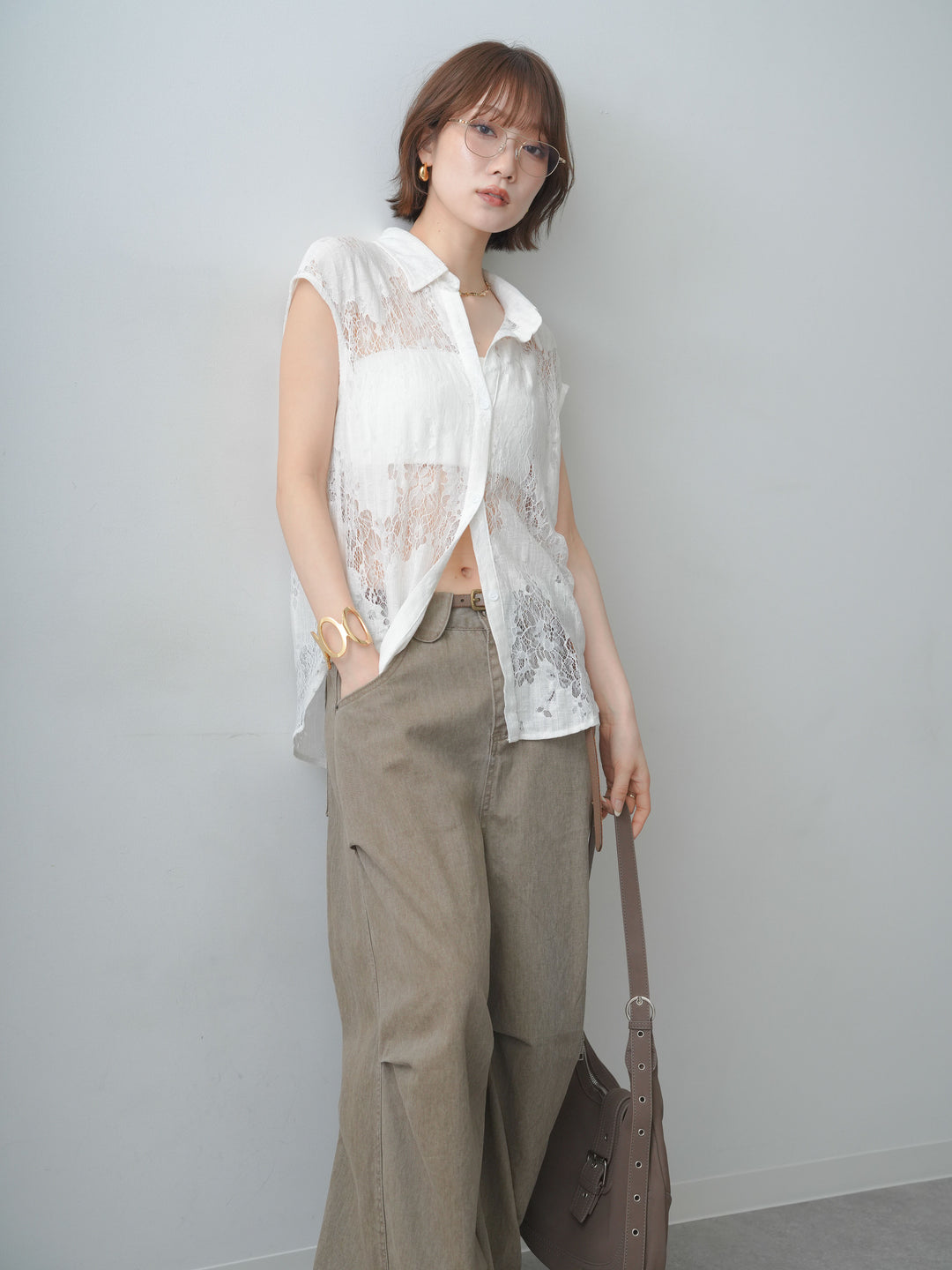 [予約]シアーフラワーレースノースリブラウス/white