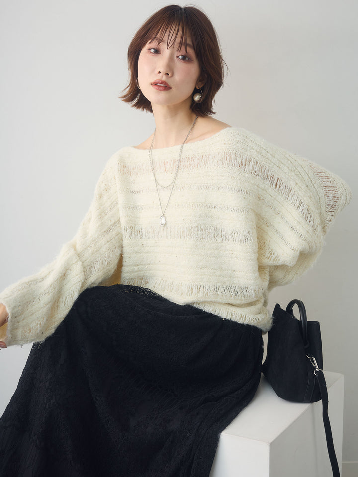 [予約]ミックス透かし編ワイドネックニットトップス/ivory