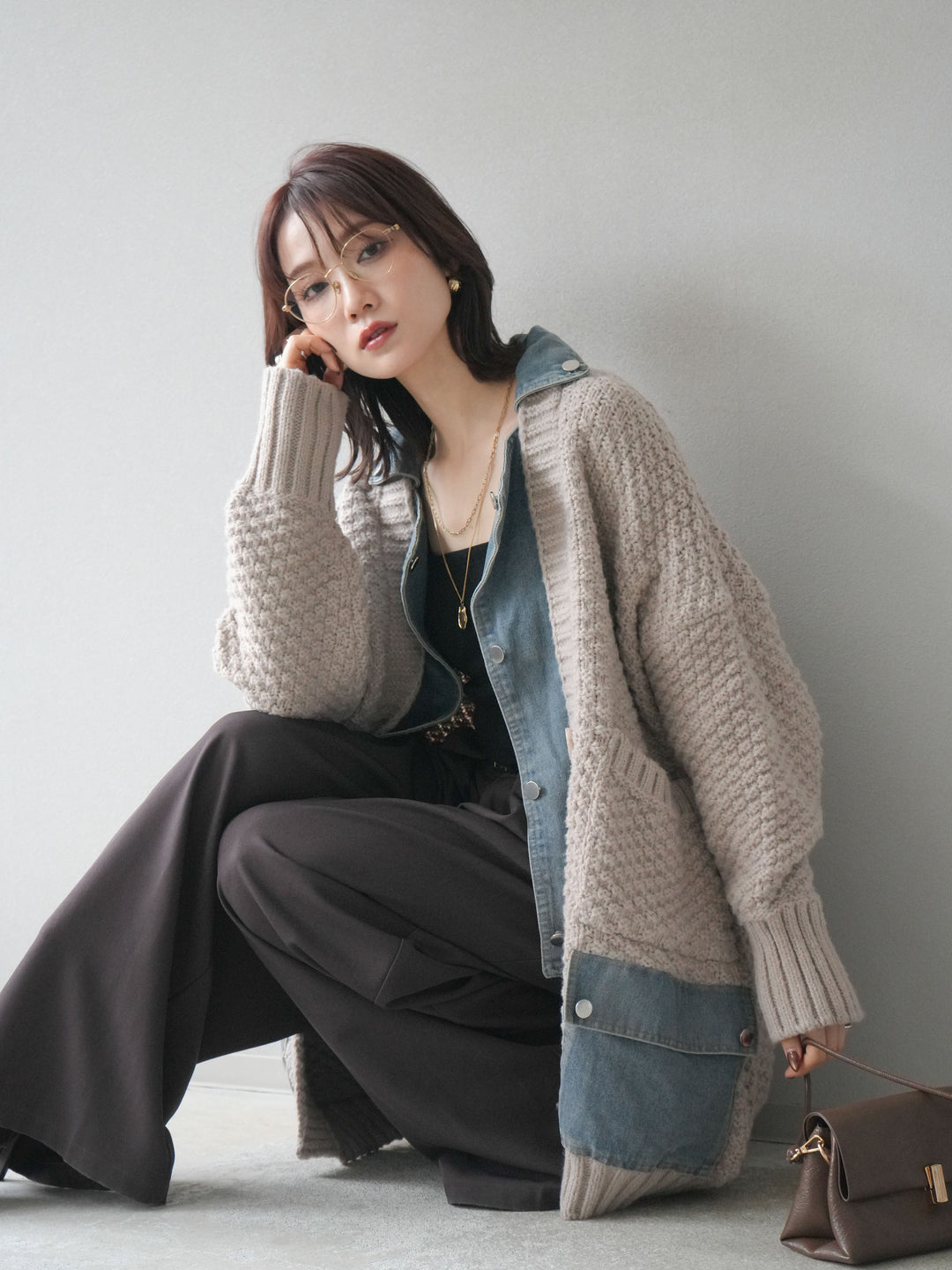 [SET]デニム襟レイヤードニットジャケット+ベルトループデザインワイドパンツ(2set)