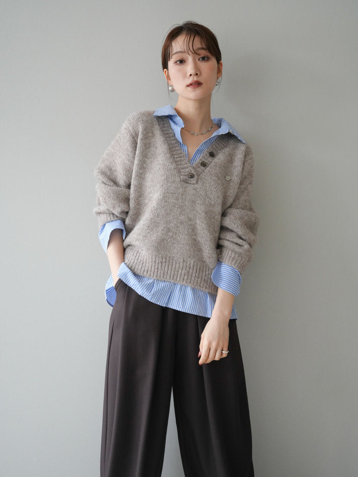 [SET]ストライプシャツドッキングMIXヤーンニットプルオーバー+ベルトループデザインワイドパンツ(2set)