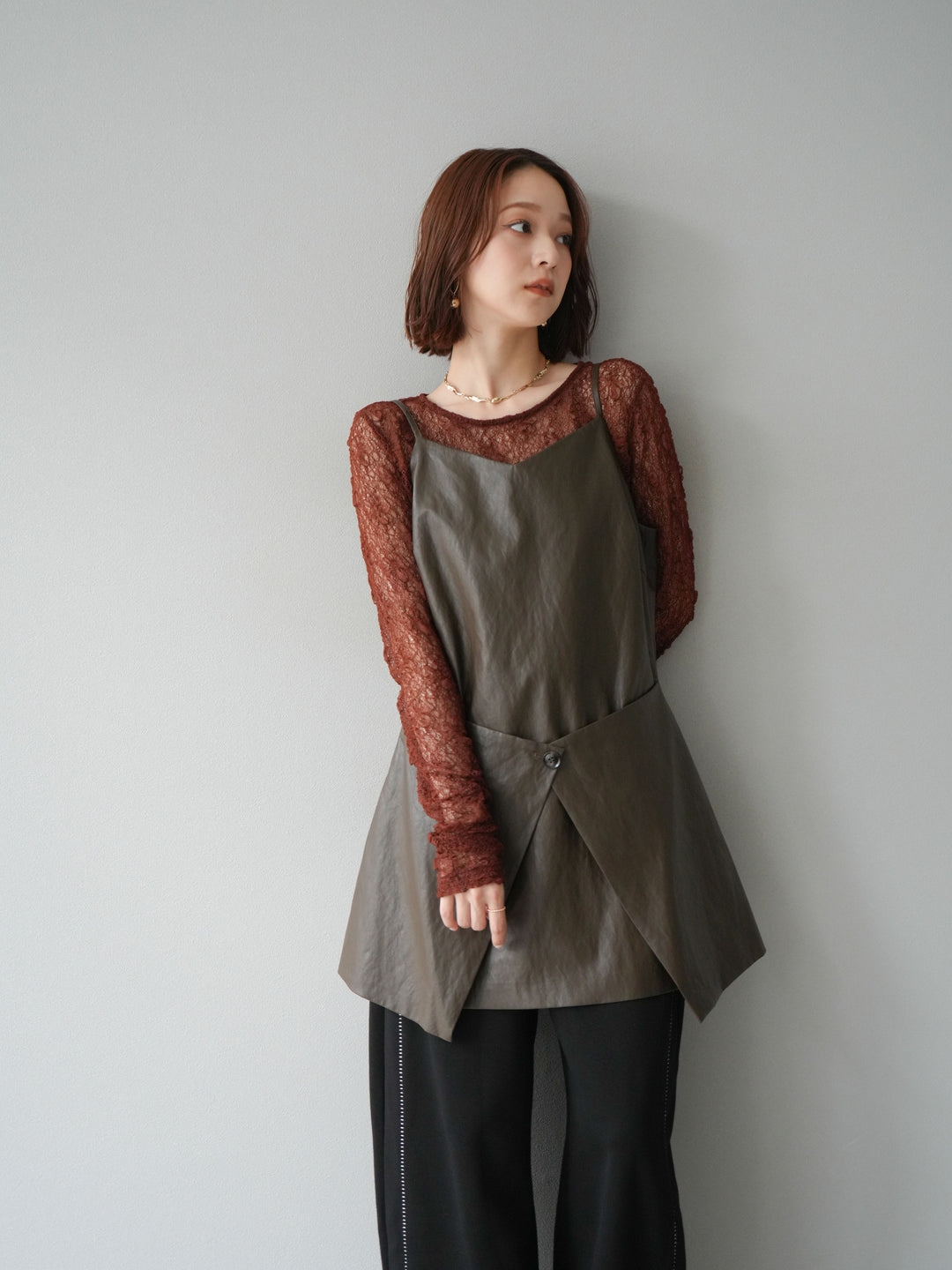 [予約]レイヤードレザーキャミソールチュニック/ブラウン