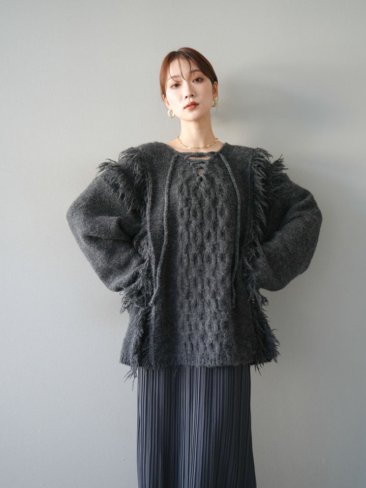[予約]レースアップフリンジニットプルオーバー/gray
