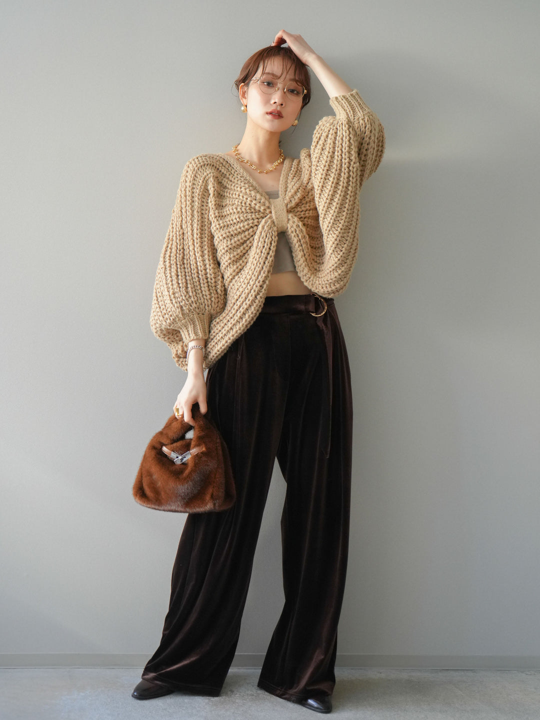 [予約]ベロアベルトスリムパンツ/brown