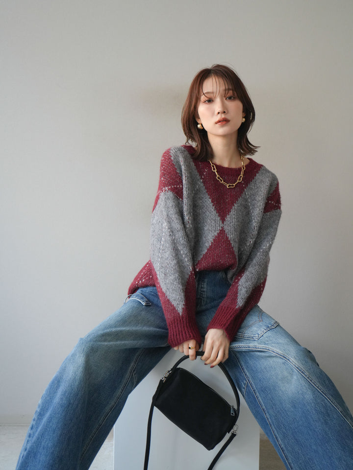 [予約]アーガイルオーバーニットプルオーバー/bordeaux