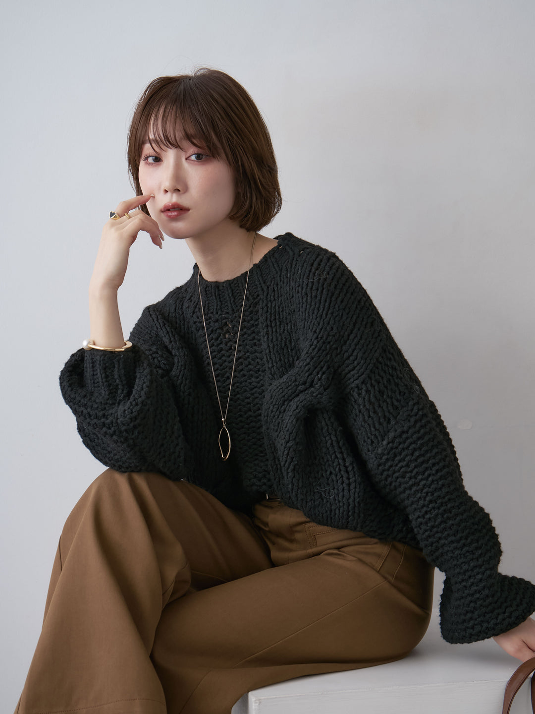 [予約]チャンキーケーブルニットトップス/black