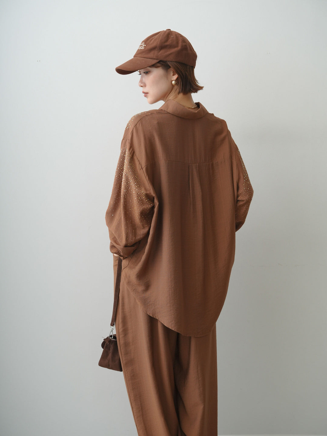 [SET]ラインストーンワッシャーシアーシャツ＆イージーパンツset up
