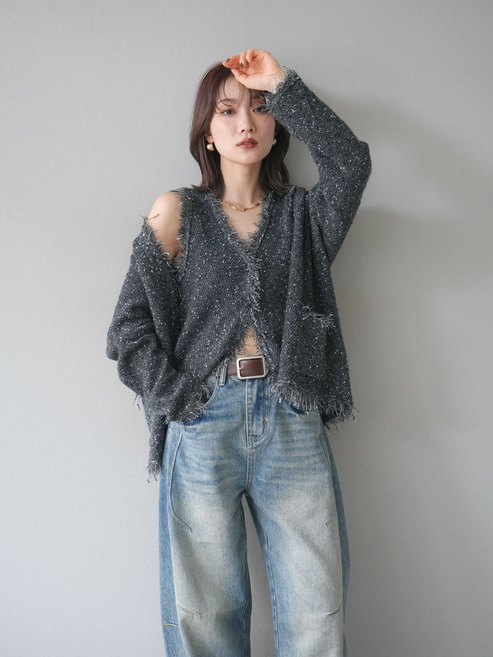 [予約]ネップフリンジニットカーディガン/ gray