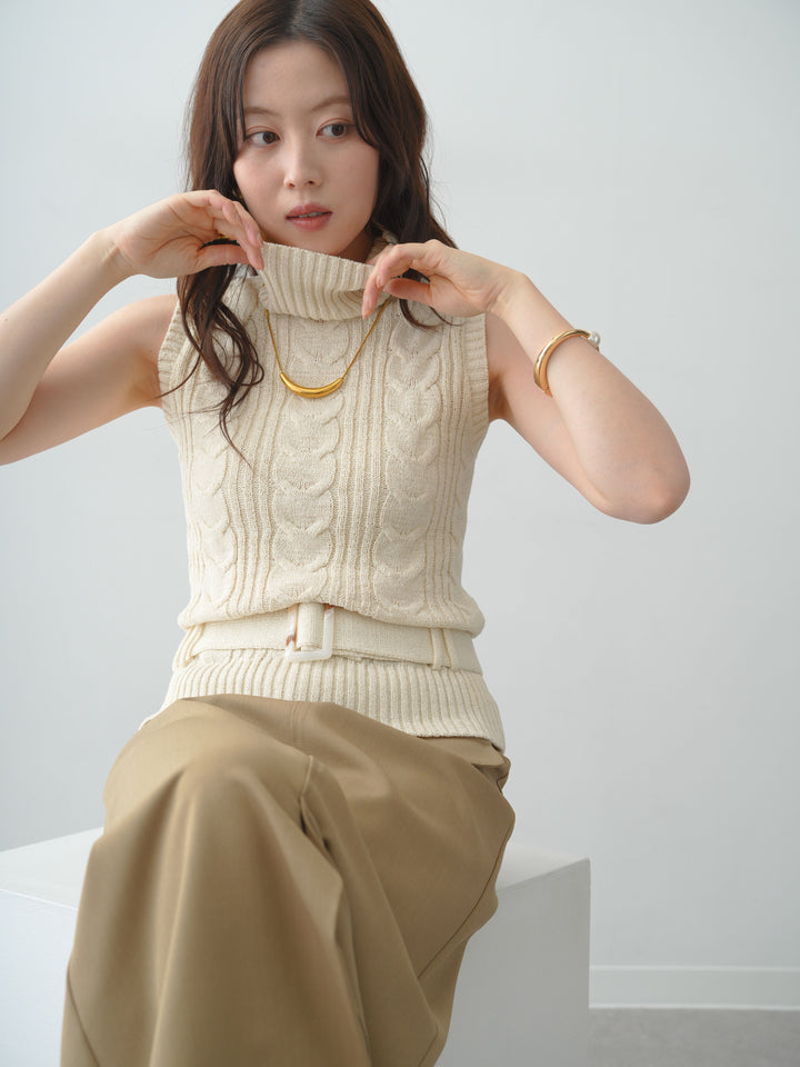 [SET]ベルト付ケーブルノースリニットトップス+クレープデシンフラップ付きストレートスカート(2set)