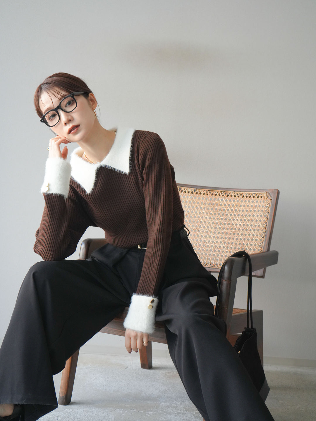 [SET]シャギー襟リブニットトップス+ベルトループデザインワイドパンツ(2set)