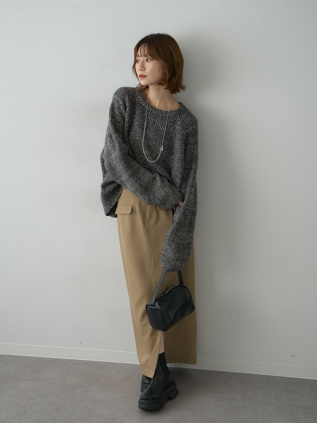 [SET]メランジクルーネックワイドプルオーバー+クレープデシンフラップ付きストレートスカート(2set)
