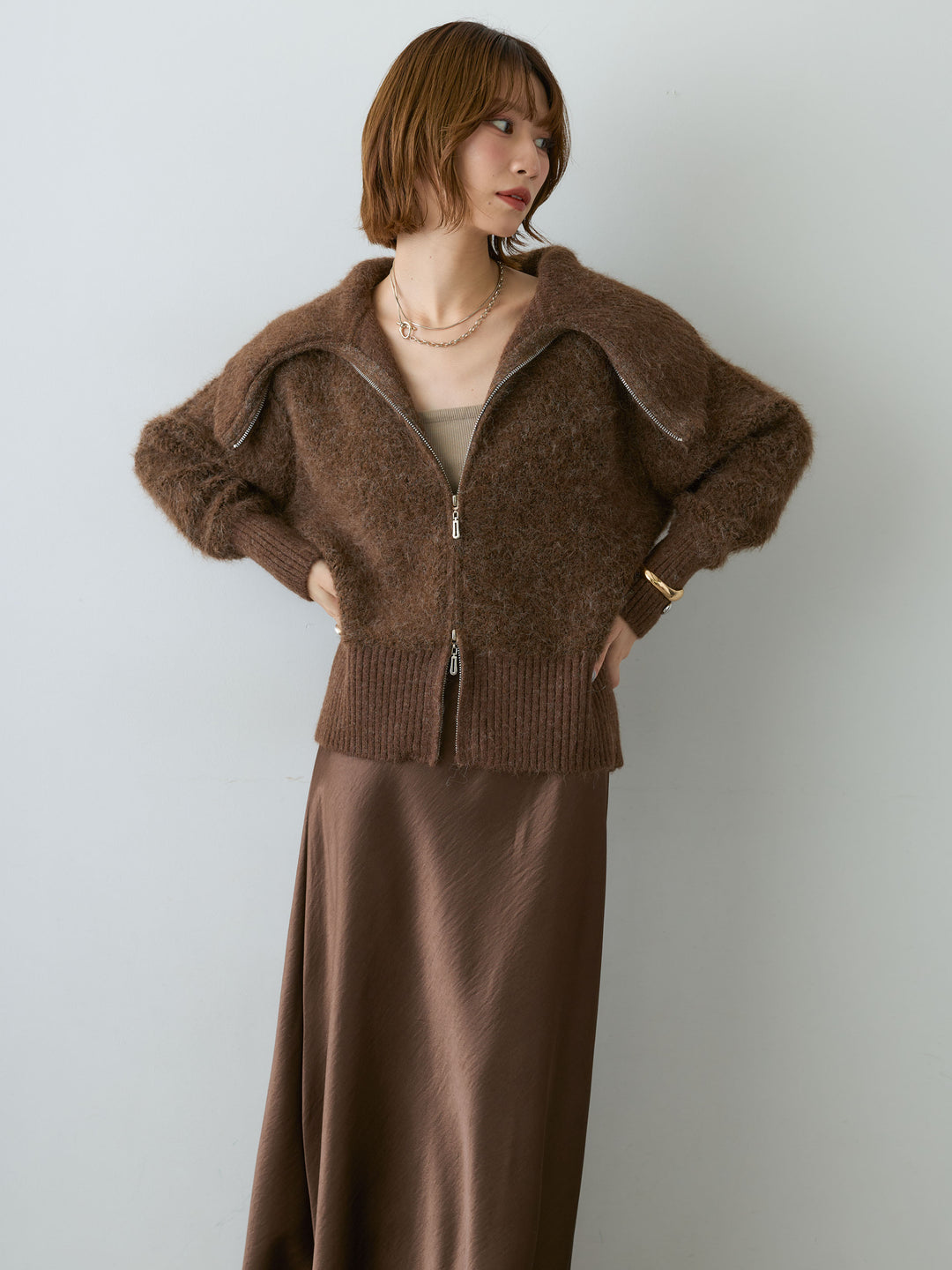 [予約]ビッグカラーシャギーニットブルゾン/brown