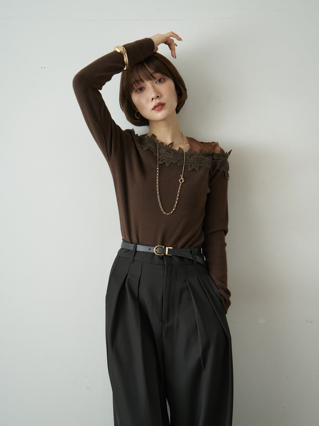 [SET]ショルダーレースアシメスリムニットトップス+ツイルタックワイドパンツ(2set)