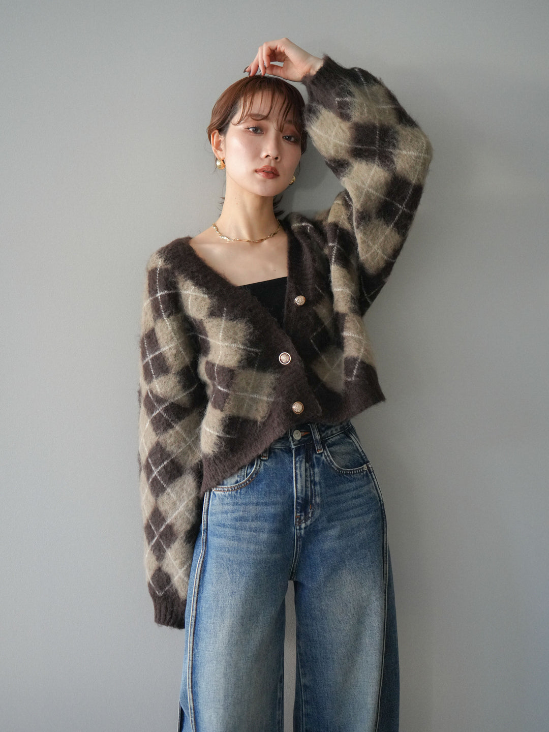 [予約]アーガイルシャギーニットカーディガン/brown