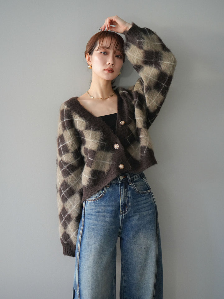 [予約]アーガイルシャギーニットカーディガン/brown