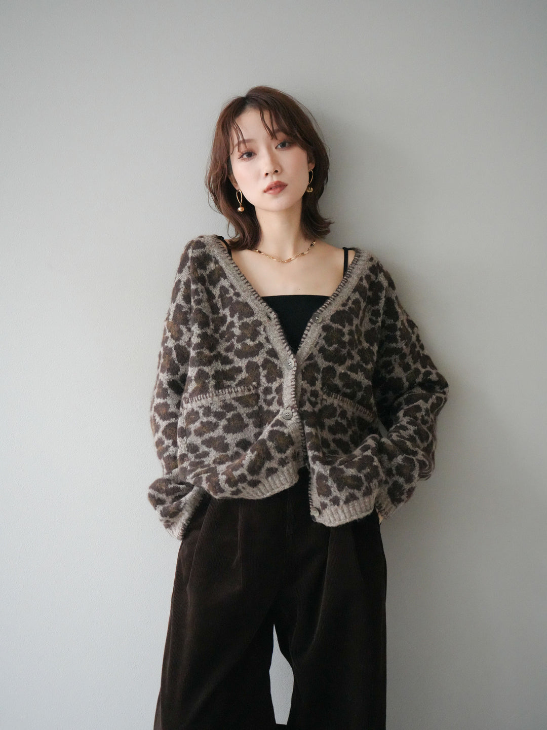 [予約]アニマル柄ステッチニットカーディガン/khaki