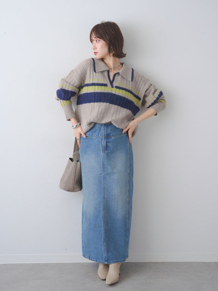 [SET]マルチボーダー起毛スキッパーニットトップス+デニム切替Iラインスカート(2set)