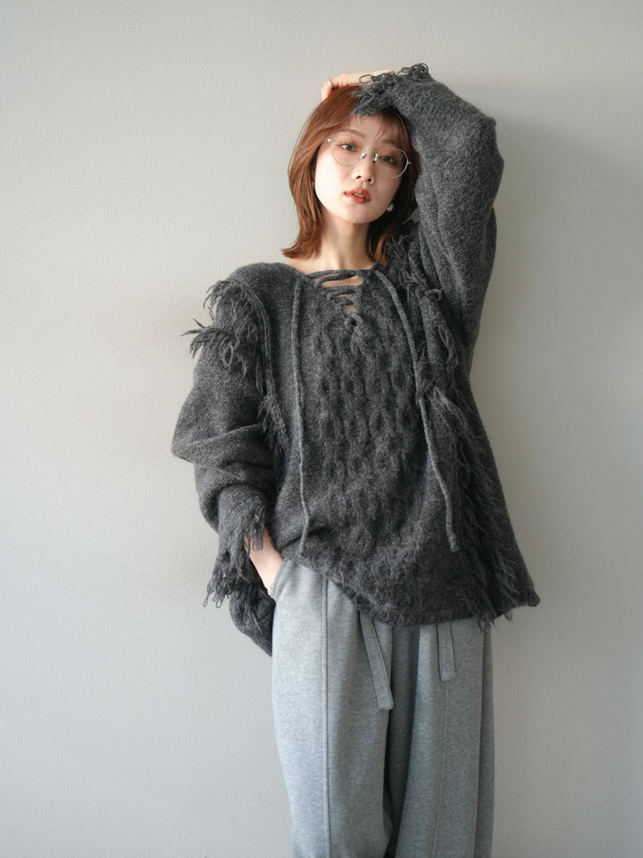 [予約]レースアップフリンジニットプルオーバー/gray