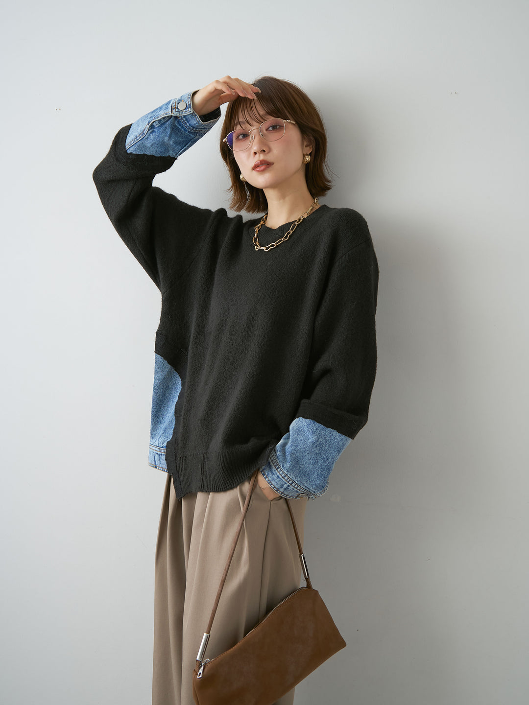 [予約]デニムドッキングニットプルオーバー/black
