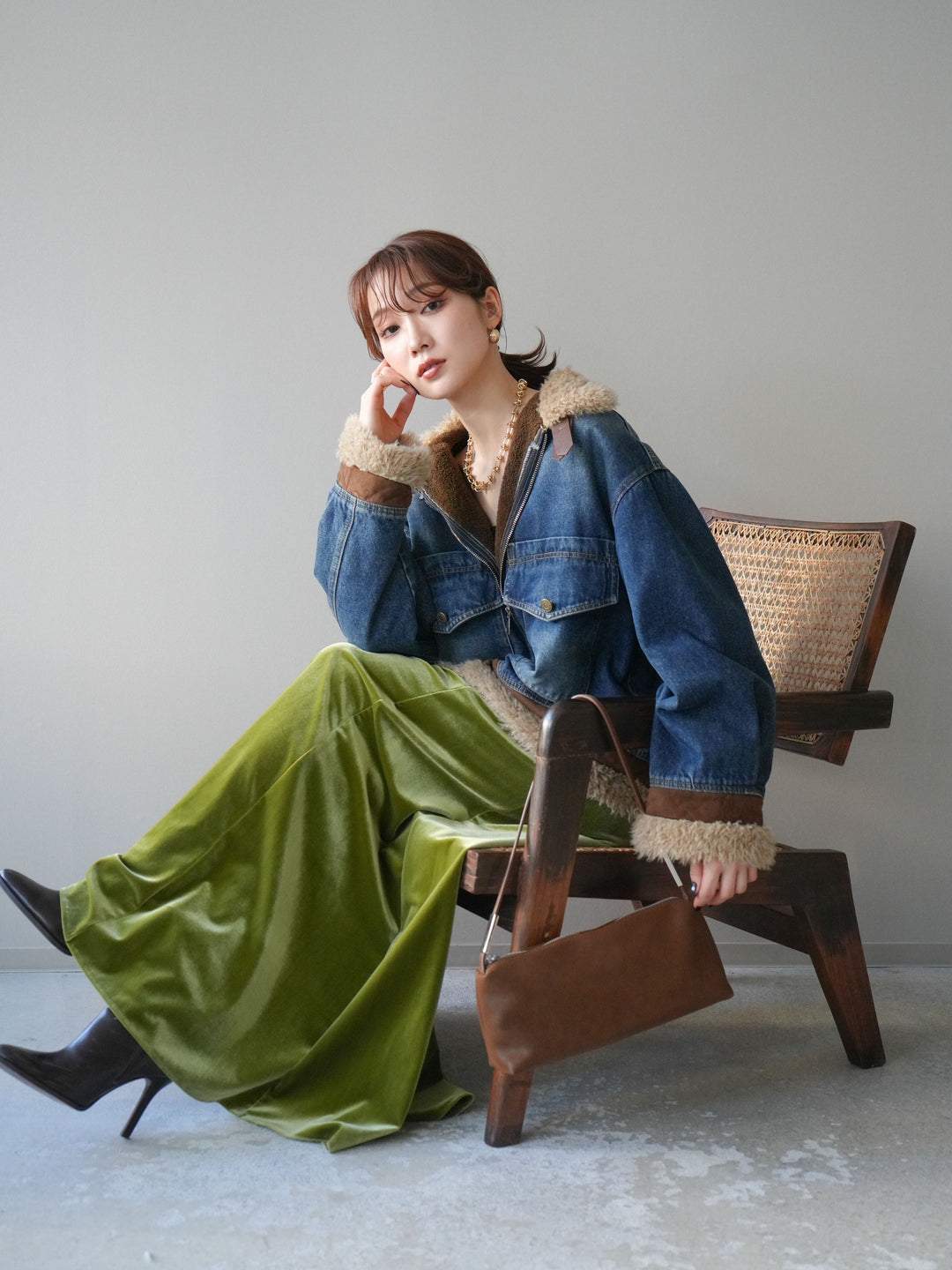 [予約]スタンドカラーファー×デニムジャケット/blue