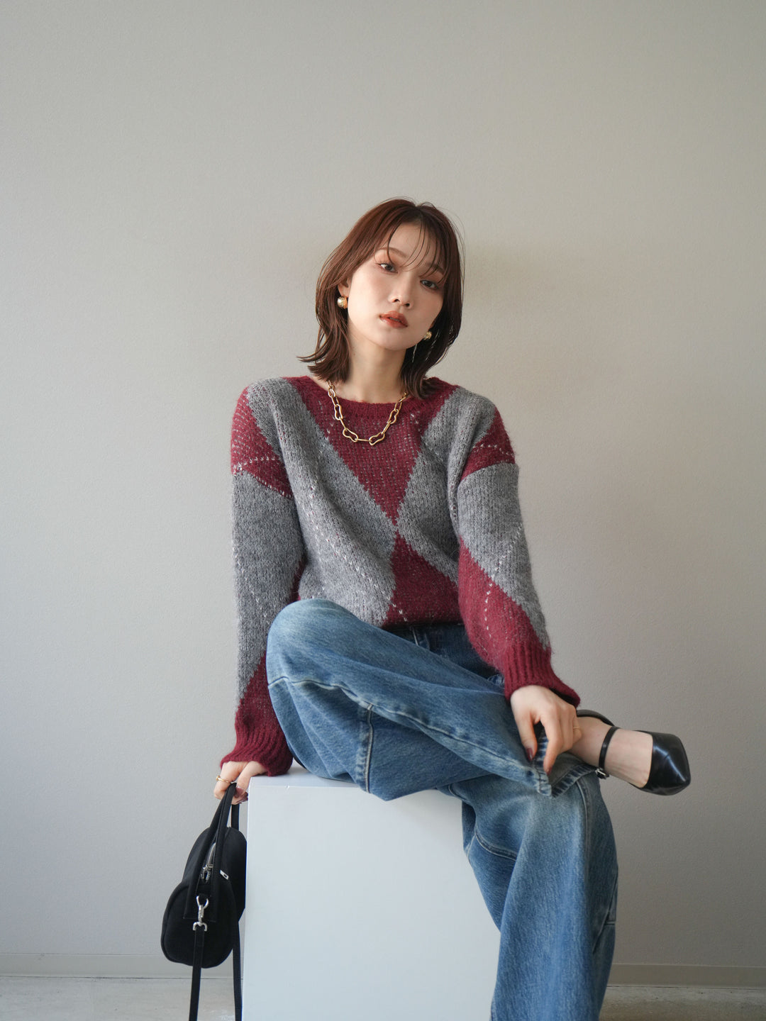 [予約]アーガイルオーバーニットプルオーバー/bordeaux