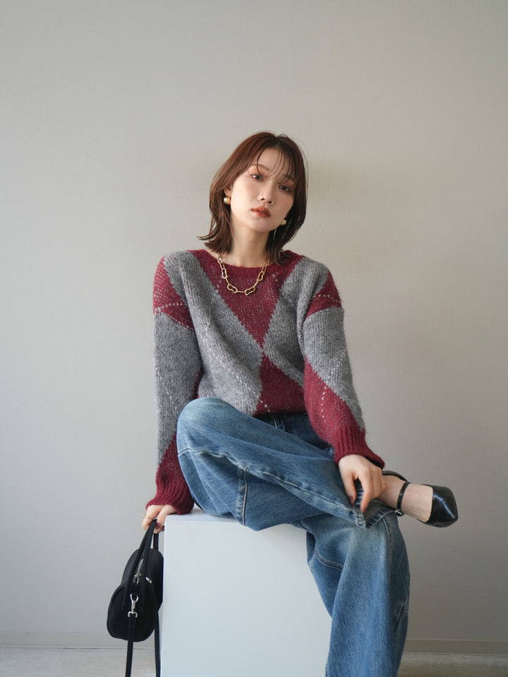 [予約]アーガイルオーバーニットプルオーバー/bordeaux