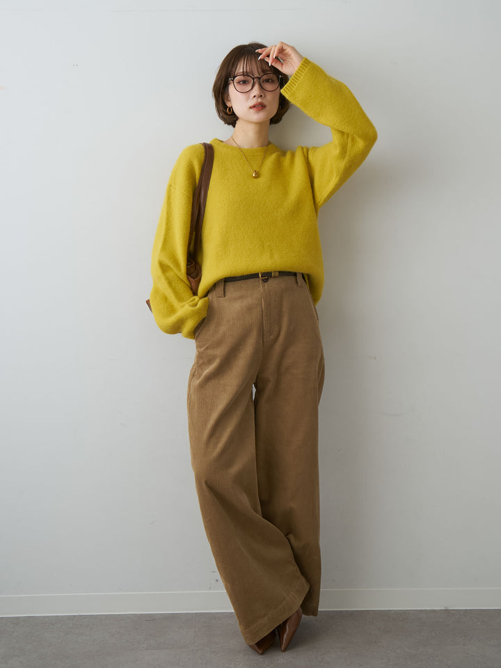 [SET]ソフトシャギークルーネックプルオーバー+ベルト付コーディロイワイドストレートパンツ(2set)