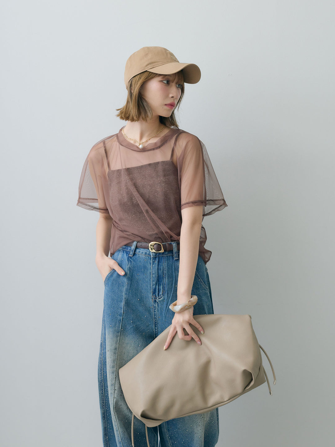 [SET]インナーキャミ付シアーオーバーTEE+フロントビジューカーブデニムパンツ(2set)