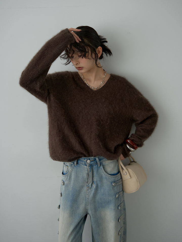 [予約]カシミア混フェザータッチVネックニットトップス/brown