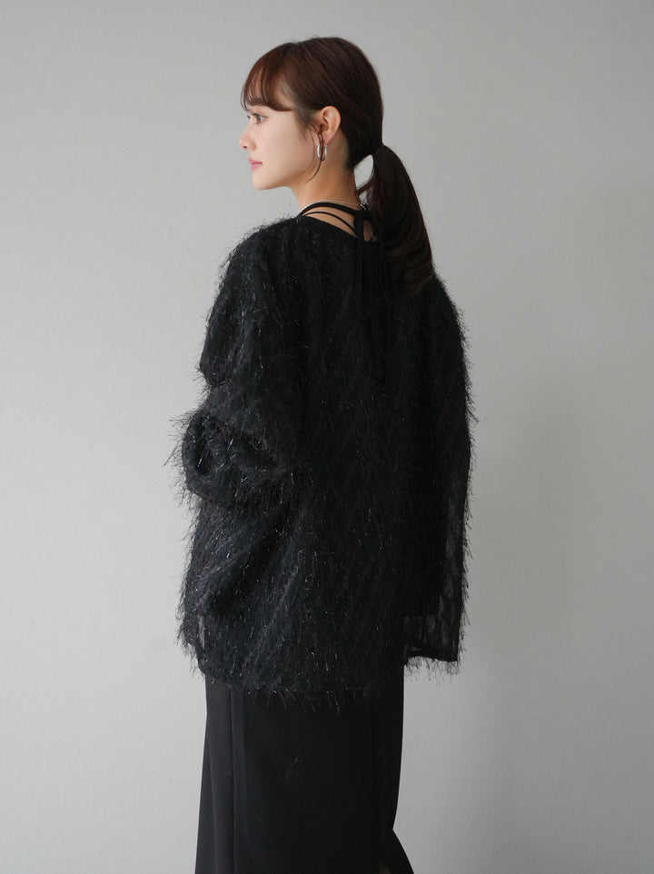 【預購】流蘇薄紗多層抓絨套頭衫/黑