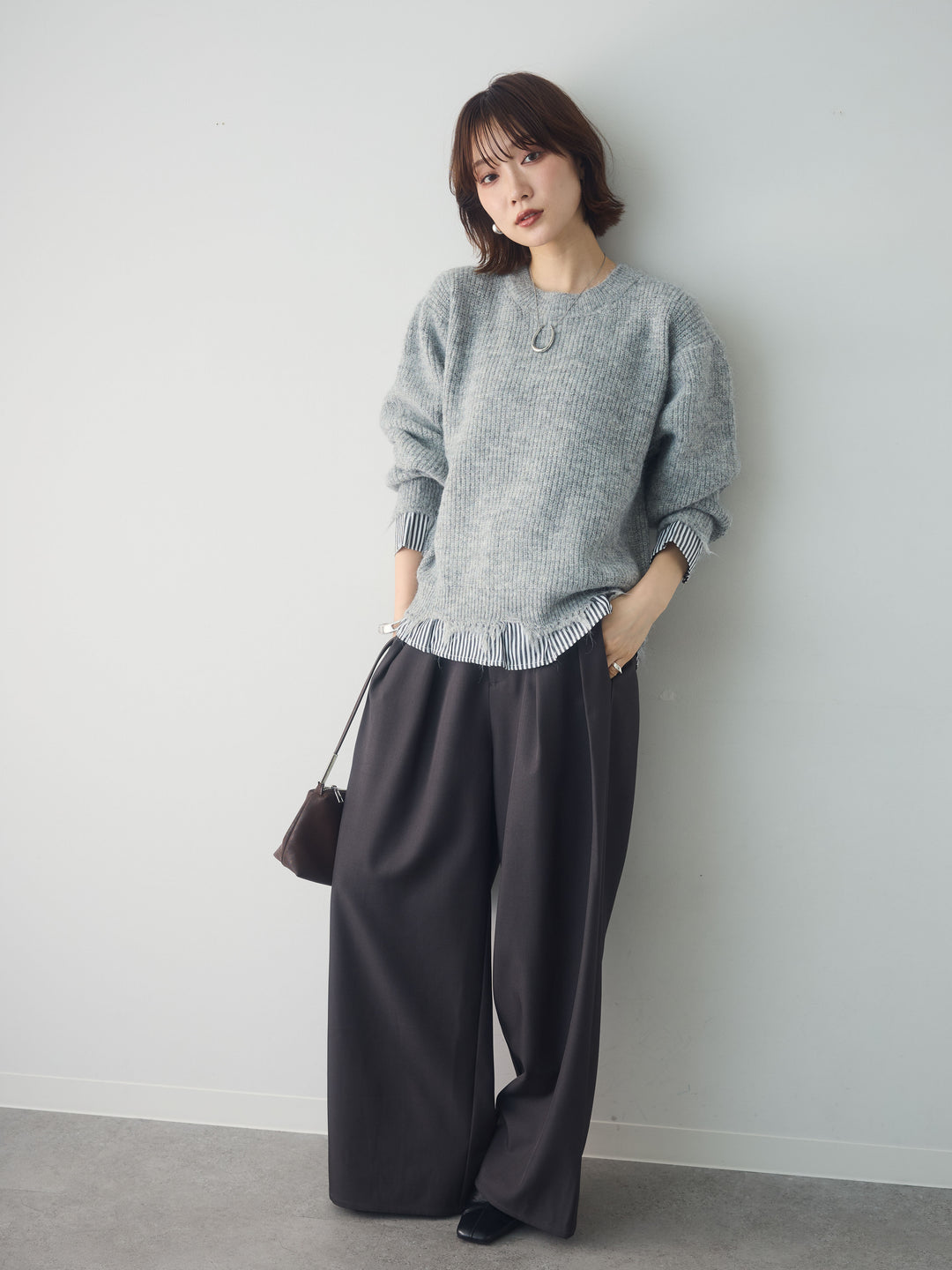 [SET]シャツレイヤードデザインモヘアプルオーバー+ツイルタックワイドパンツ(2set)