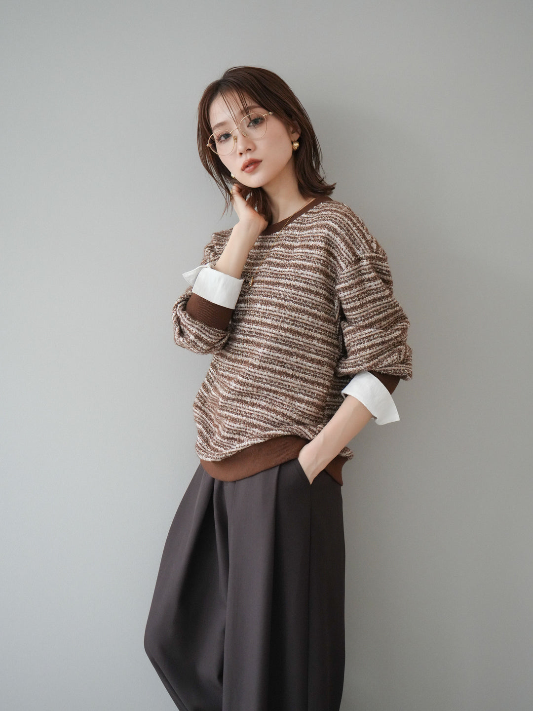 [予約]MIXツイードライクカフスドッキングプルオーバー/brown