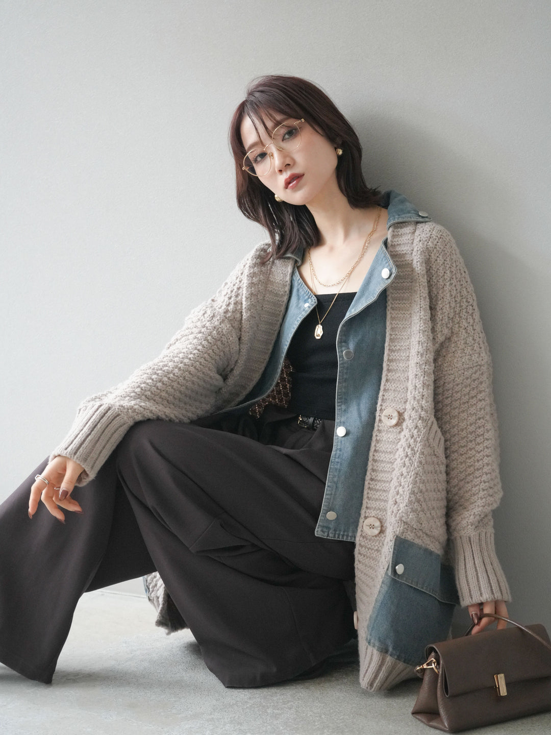 [予約]デニム襟レイヤードニットジャケット/greige