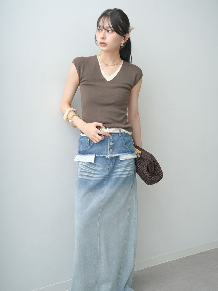 [予約]フロントレイヤードVネックニットトップス/brown