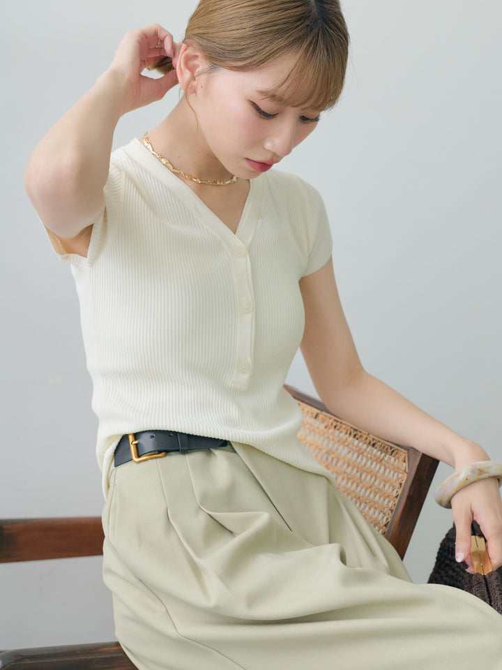 [SET]ネックレイヤードヘンリーVネックリブニットトップス+アシンメトリーベルトタックワイドパンツ(2set)