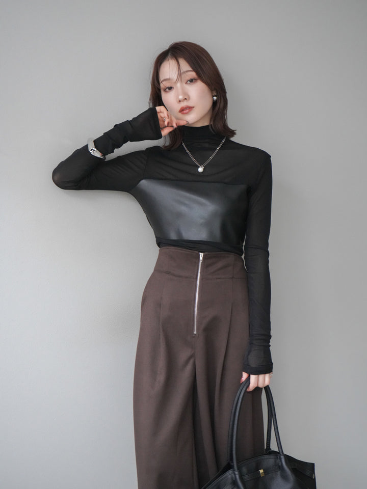 [予約]レザー切替プチネックシアートップス/black