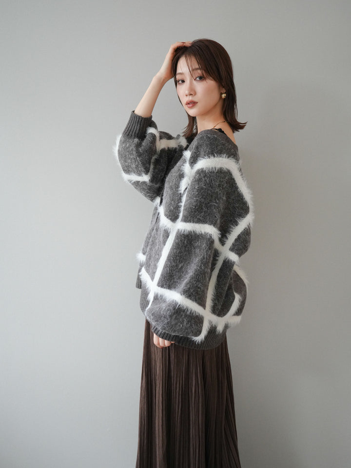 [予約]ミックスシャギーチェックカーディガン/brown